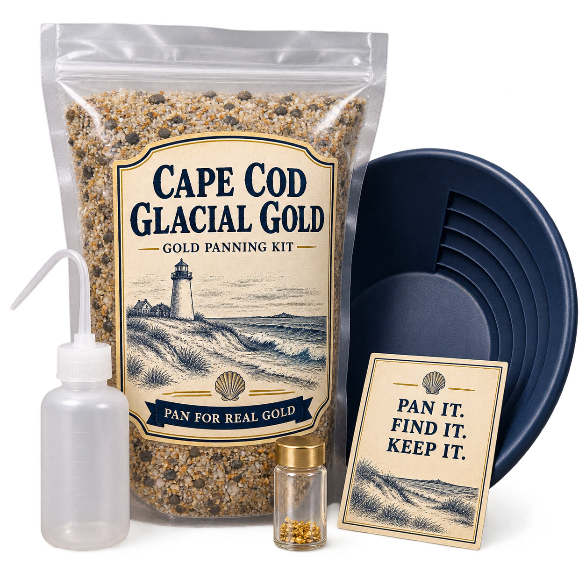 Cape Cod Glacial Gold product mockup: labeled bag of sand, gold pan, snuffer bottle, collector vial, and geology card